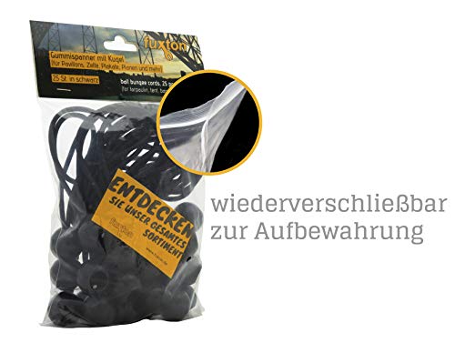 25/50 St. Spanngummi mit Kugel (schwarz, 195 mm, TÜV zertifiziert), für Zelte, Planen, Plakate.