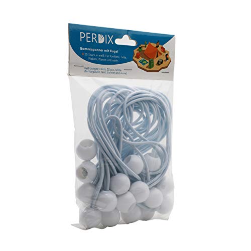 perdix 25 Stk Spanngummi mit Kugel, 19 cm, weiß für Banner, Planen, Zelte (Expanderschlinge, Gummispanner, Planenspanner, Planenhalter, Planengummi, Zeltgummi)